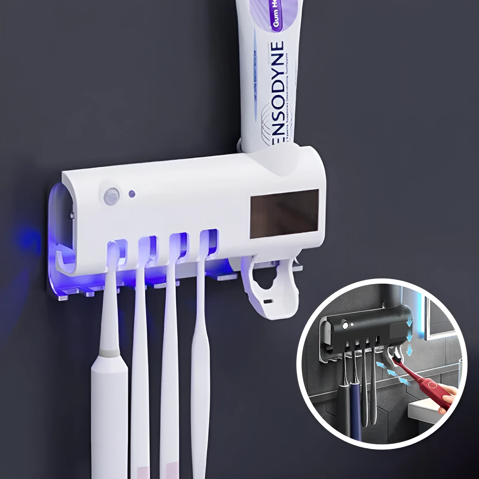 Black intelligent UV toothbrush steriliser with automatic toothpaste squeezer mounted on bathroom wall