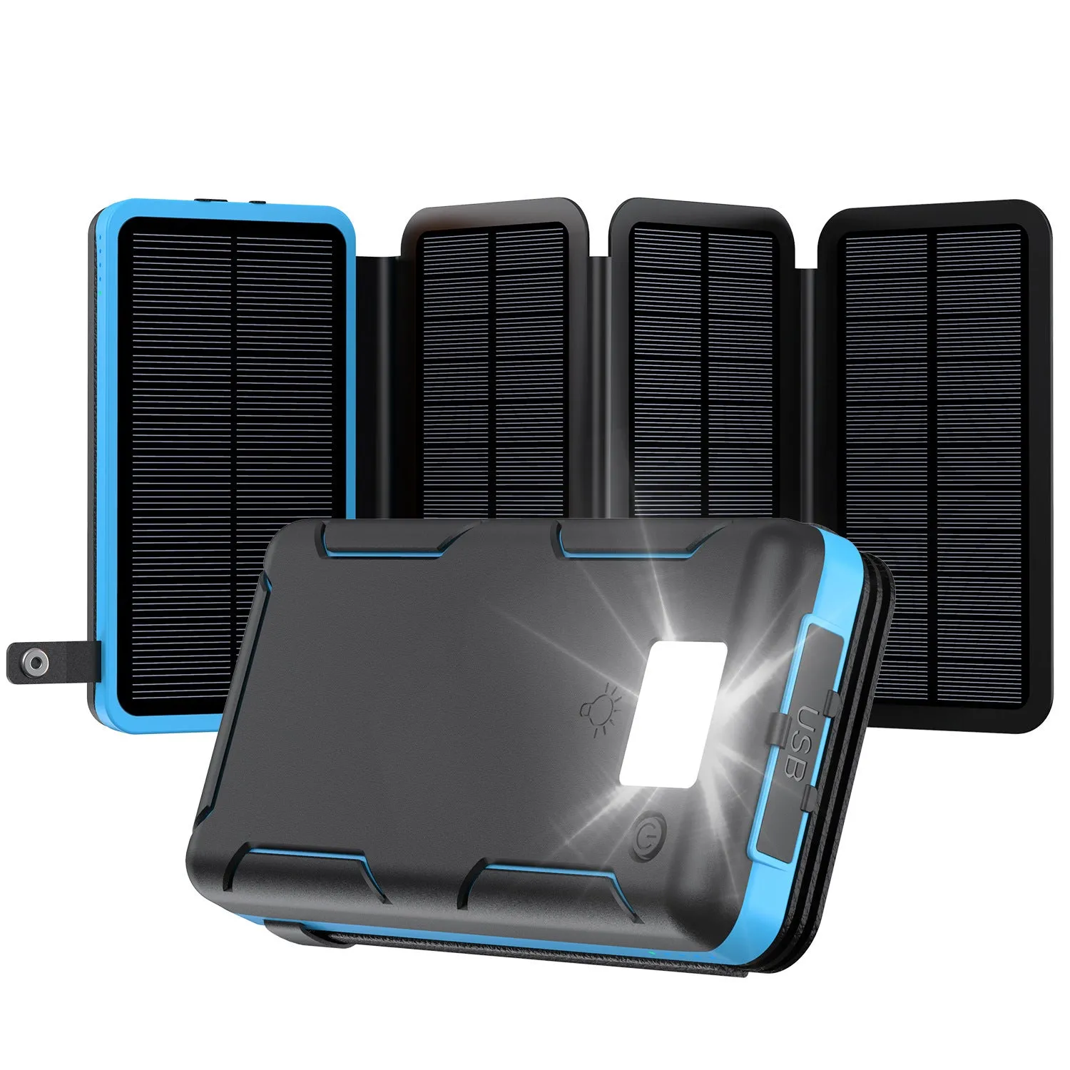 25000 mAh solar power bank in plastic shell industrial style blue colour option front view