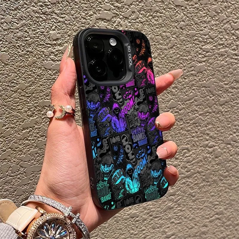 Cool graffiti PC phone case for Apple iPhone, black with silver accents, shockproof hard shell