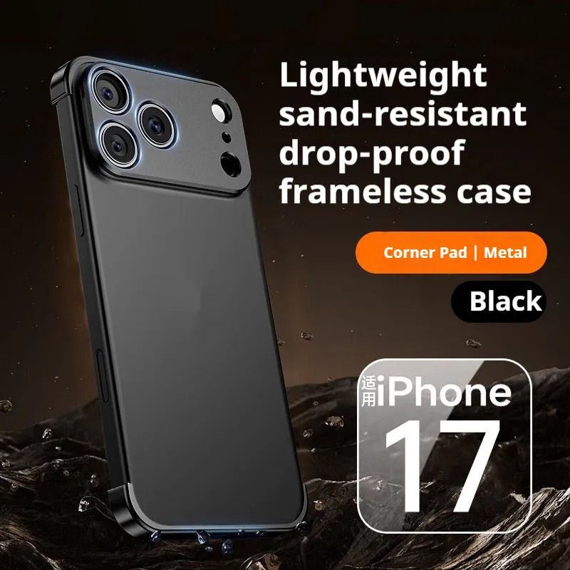 Metal corner pad phone case for iPhone 17 Pro Max in Black, ultra-thin frameless alloy with frosted finish