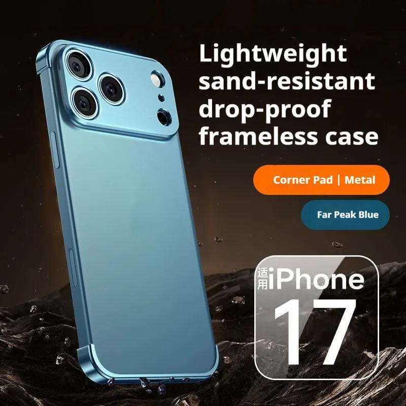 Metal corner pad phone case for iPhone 17 Pro Max in Black, ultra-thin frameless alloy with frosted finish