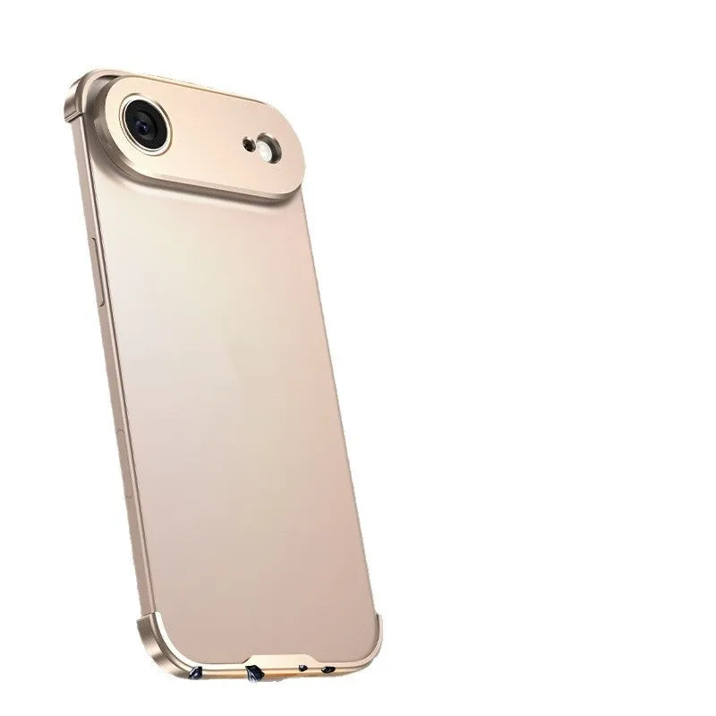 Metal corner pad phone case for iPhone 17 Pro Max in Black, ultra-thin frameless alloy with frosted finish