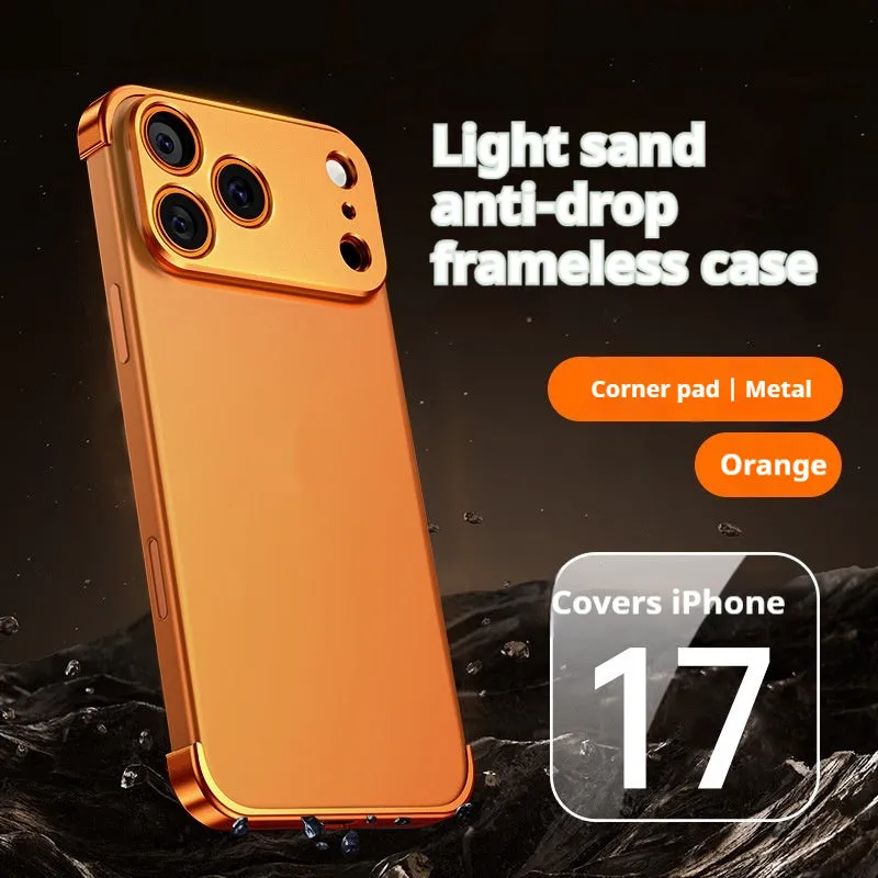 Metal corner pad phone case for iPhone 17 Pro Max in Black, ultra-thin frameless alloy with frosted finish