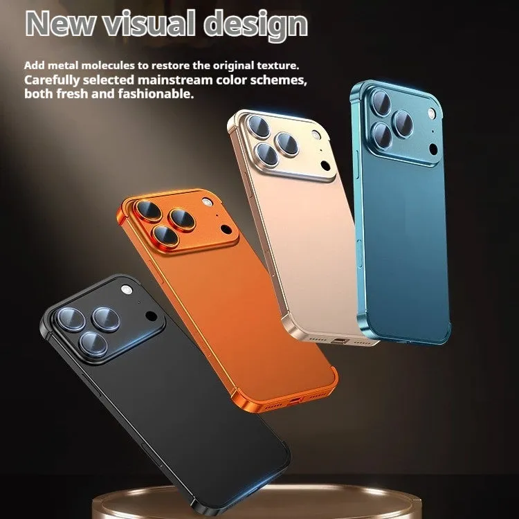 Metal corner pad phone case for iPhone 17 Pro Max in Black, ultra-thin frameless alloy with frosted finish