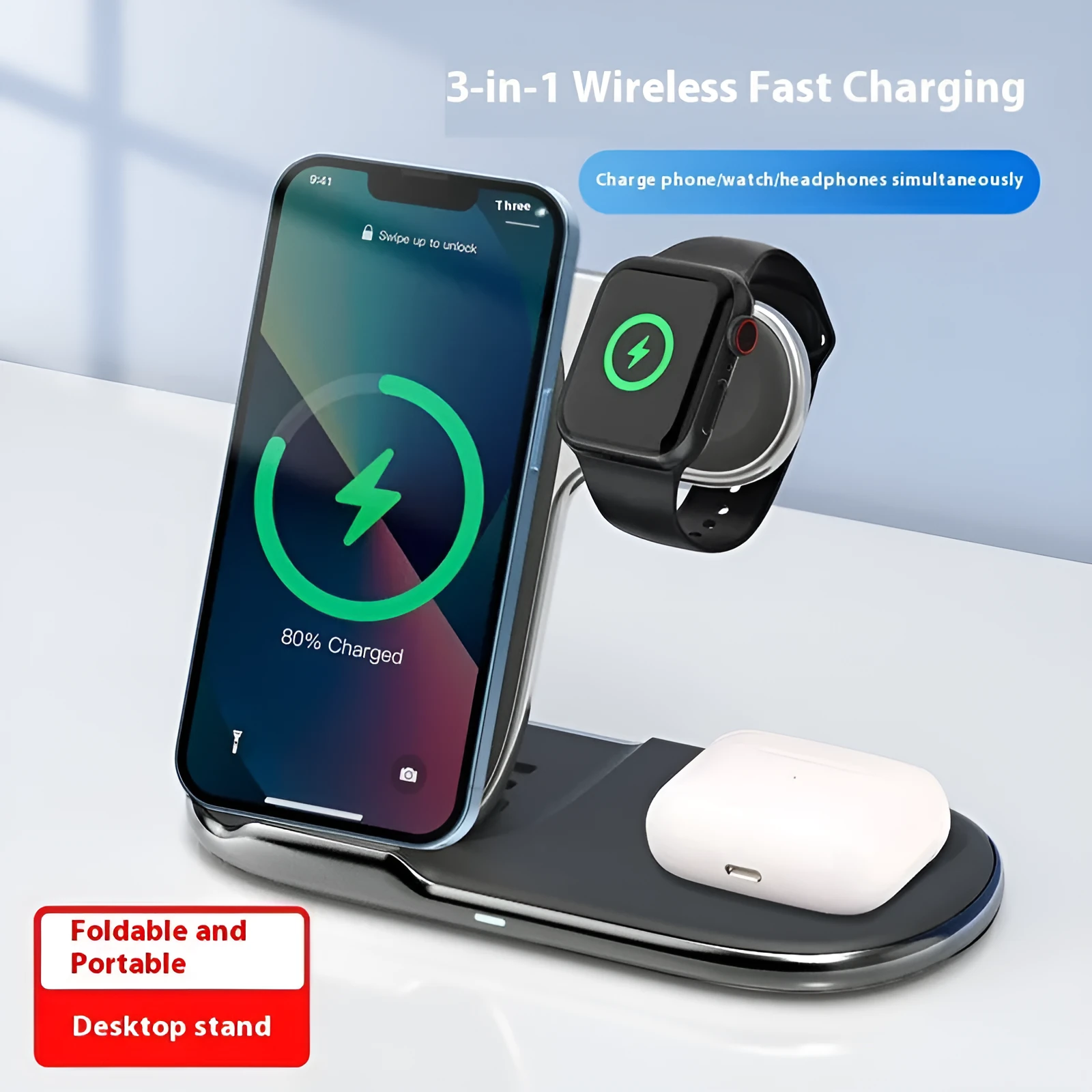 Foldable 3-in-1 magnetic wireless charger in black with 15W fast charging output