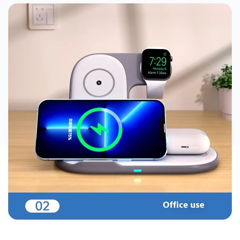 Foldable 3-in-1 magnetic wireless charger in black with 15W fast charging output
