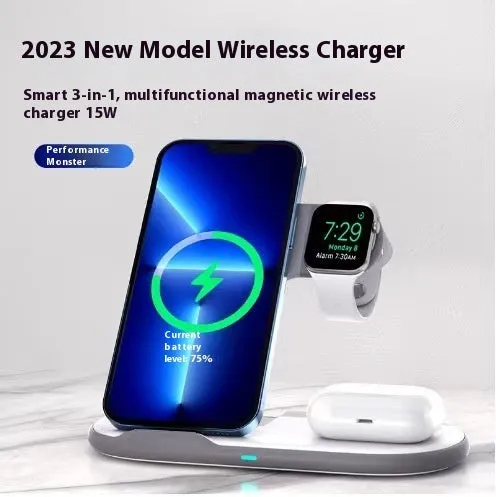 Foldable 3-in-1 magnetic wireless charger in black with 15W fast charging output