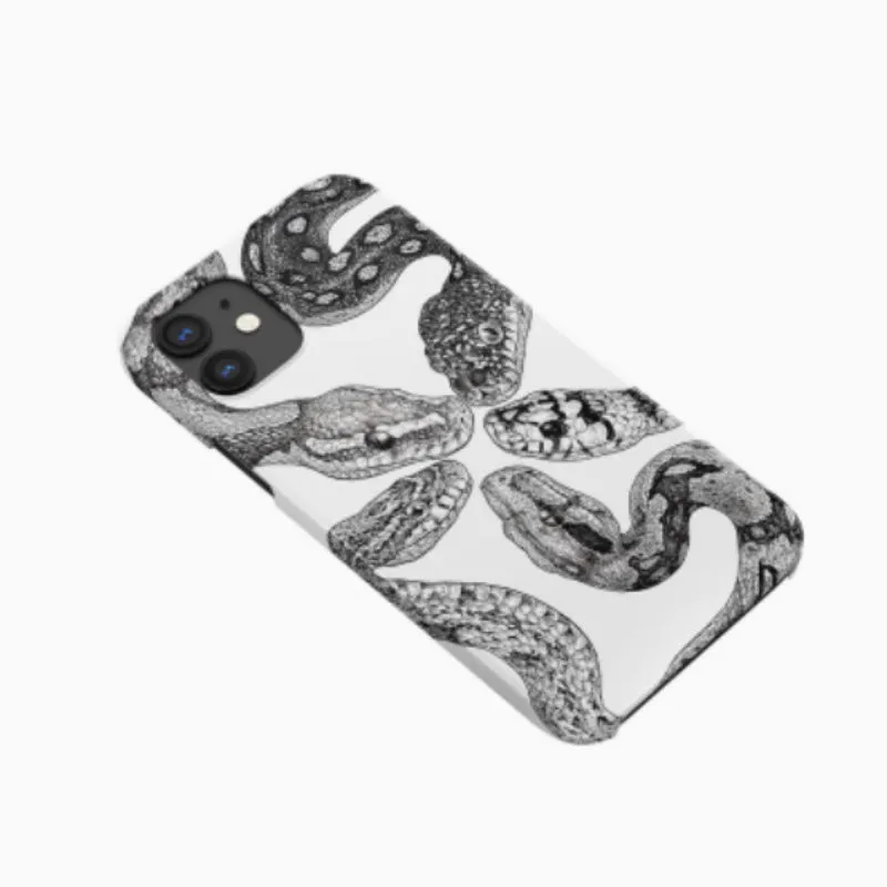 Black and white retro python illustration phone case for iPhone with frosted hard shell finish