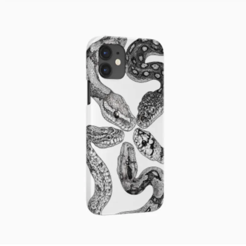 Black and white retro python illustration phone case for iPhone with frosted hard shell finish