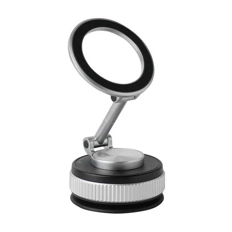 Car navigation suction cup folding mobile phone bracket in black and silver on dashboard