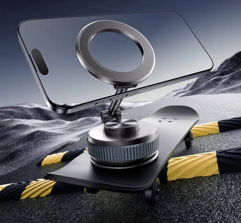 Car navigation suction cup folding mobile phone bracket in black and silver on dashboard
