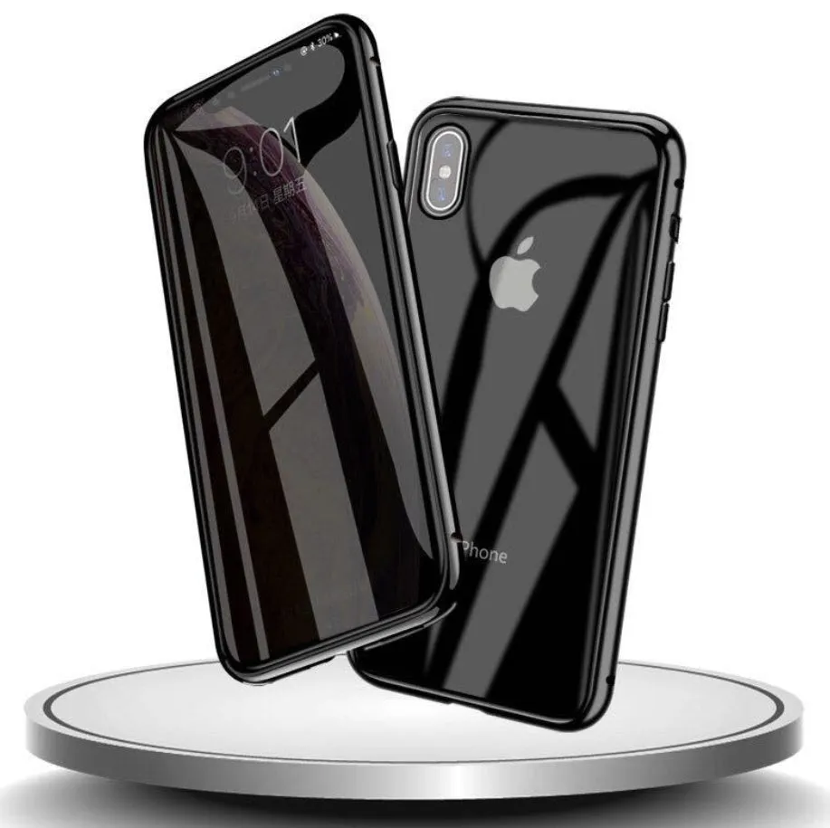 Geometric patterned glass anti-spy clamshell case for iPhone in multiple colours.