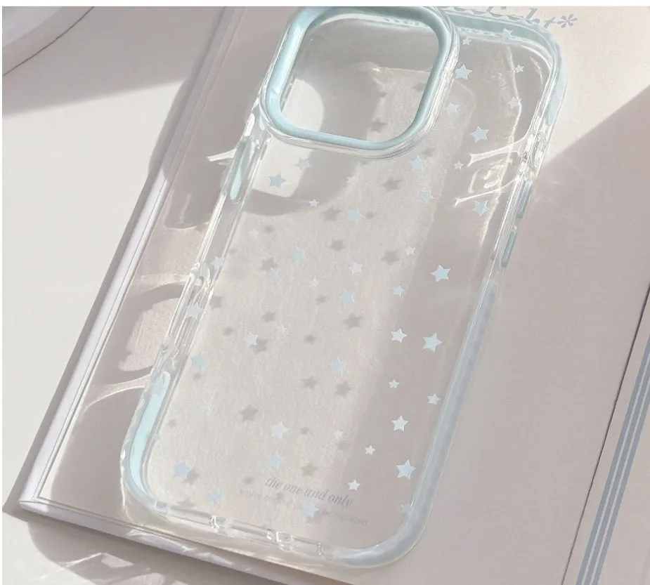 Transparent TPU phone case with blue edge and blue star dots for Apple iPhone