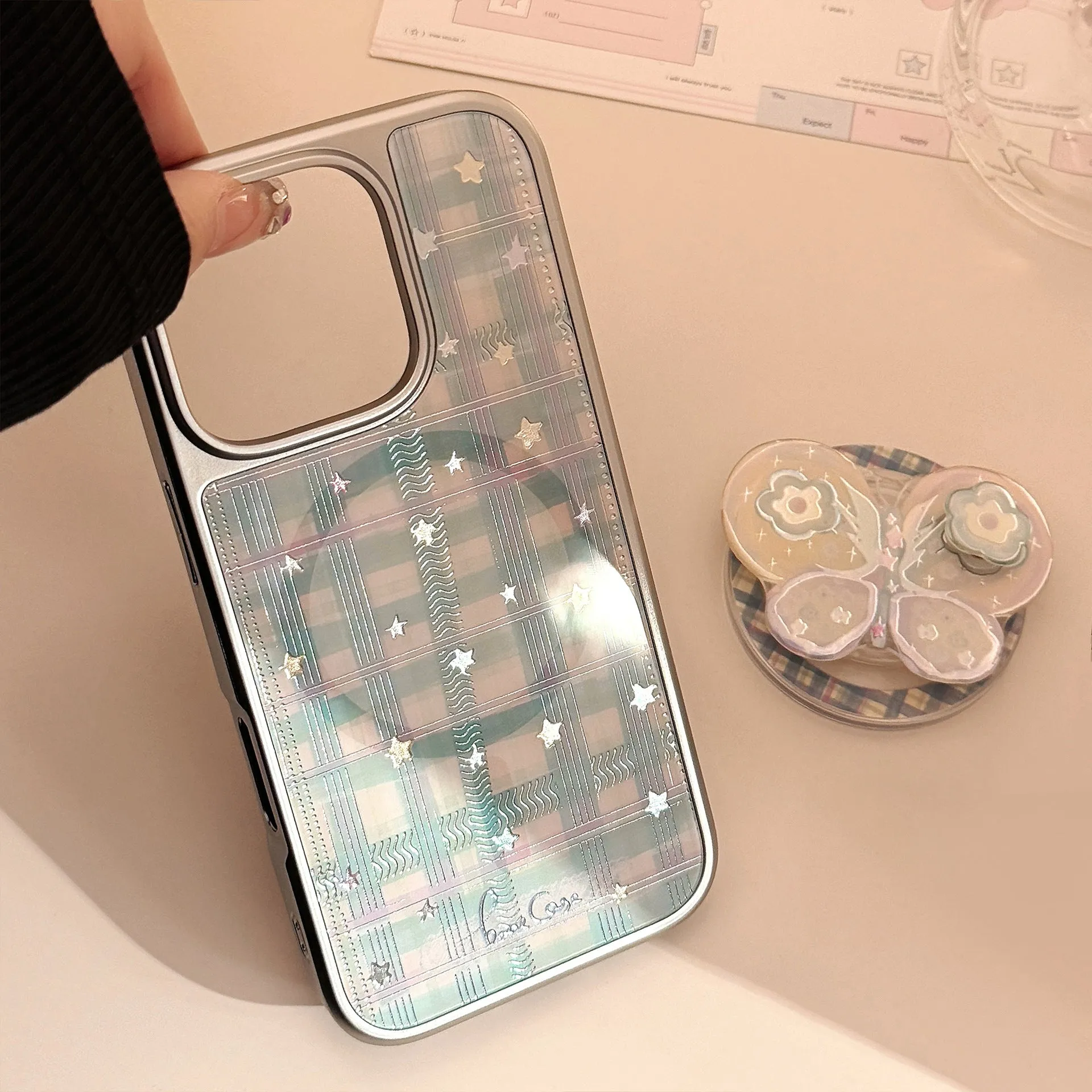Gilding phone case with rotating bow magnetic bracket silver edge, colourful butterfly pattern on hard PC shell