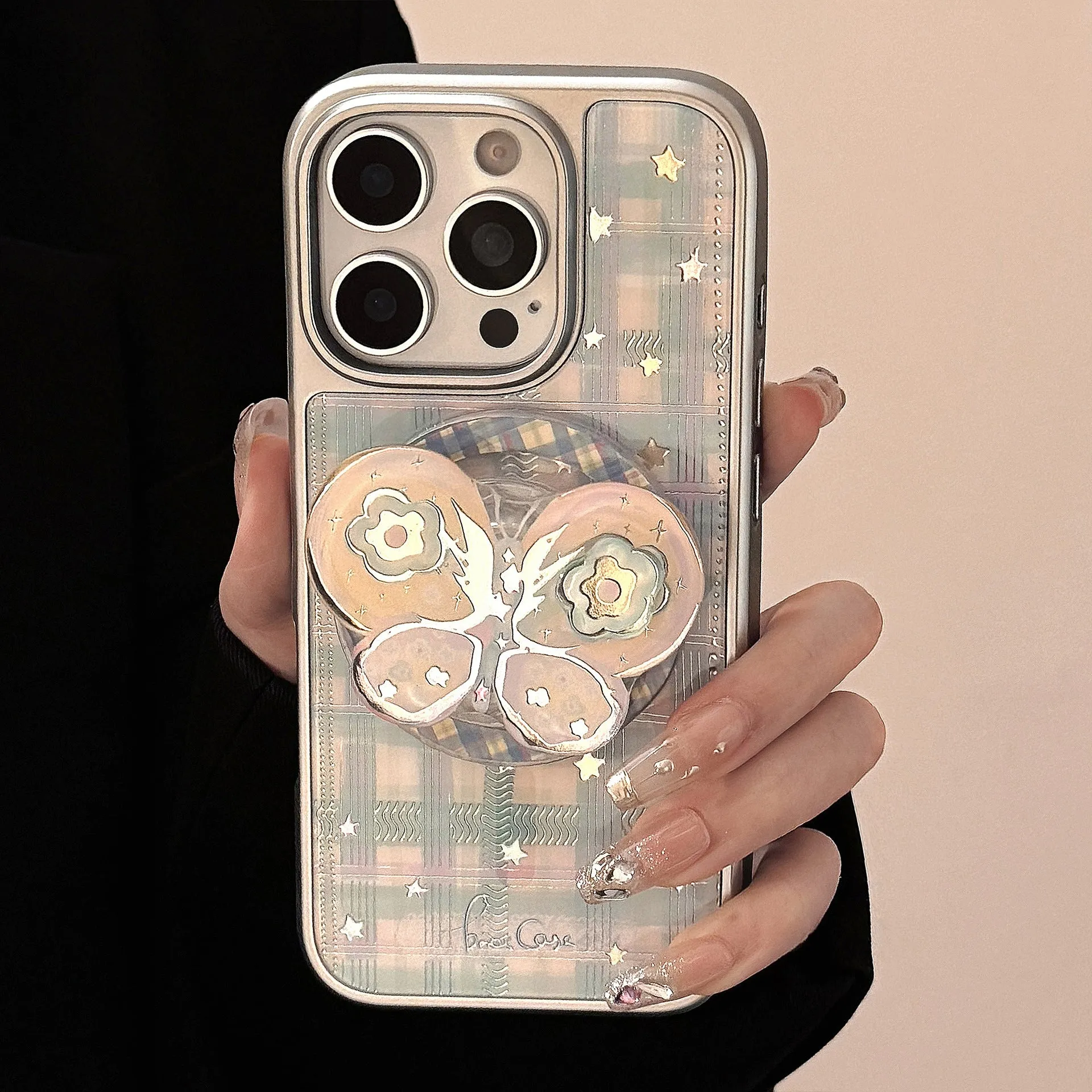Gilding phone case with rotating bow magnetic bracket silver edge, colourful butterfly pattern on hard PC shell