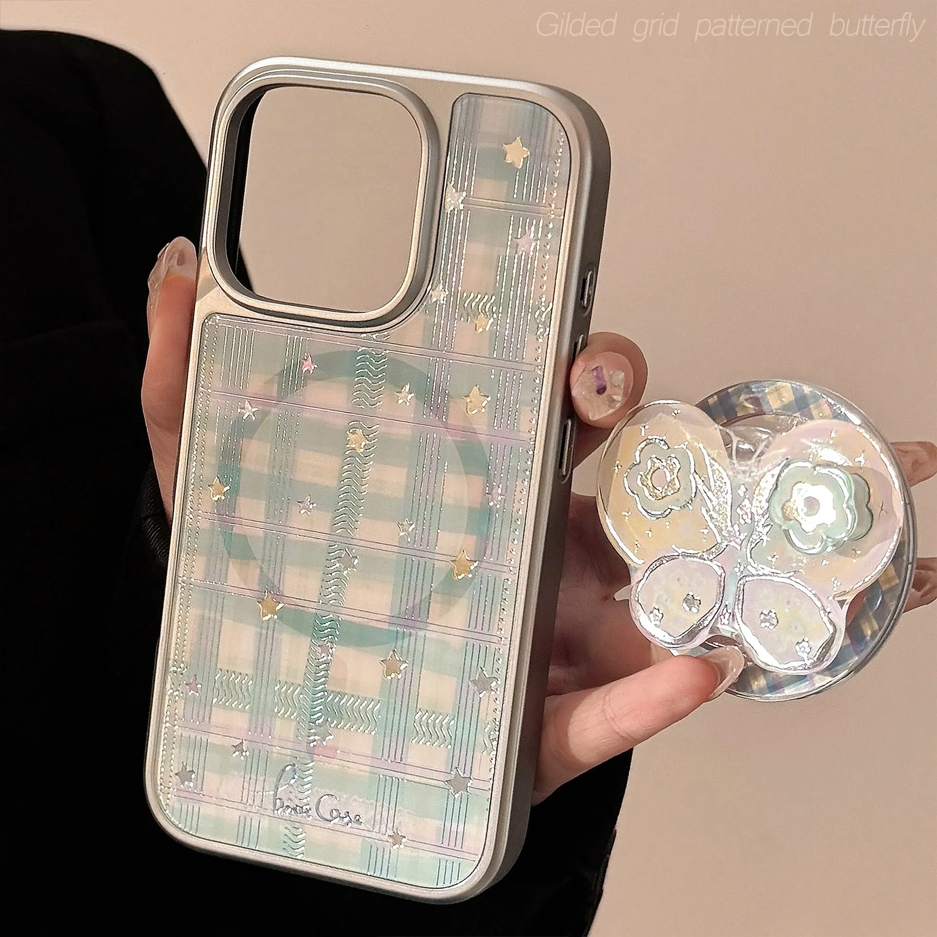 Gilding phone case with rotating bow magnetic bracket silver edge, colourful butterfly pattern on hard PC shell