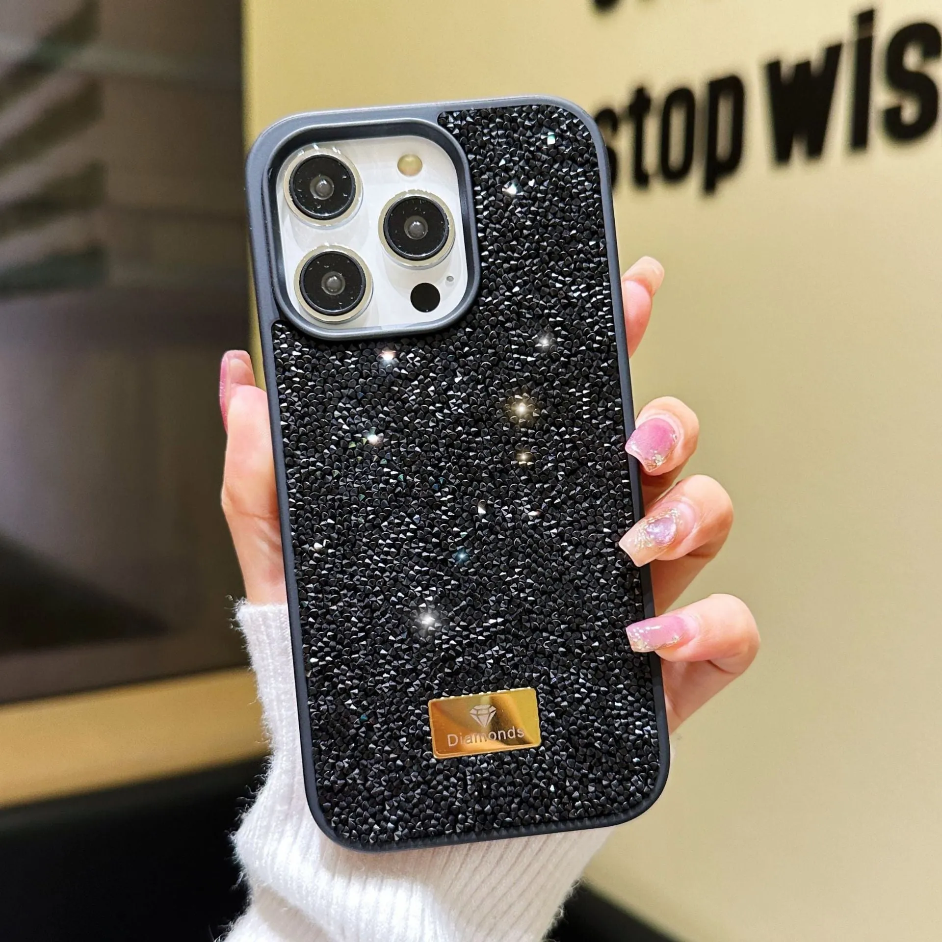 Luxury rhinestone graphene mobile phone shell in black with full diamond covering compatible with iPhone models