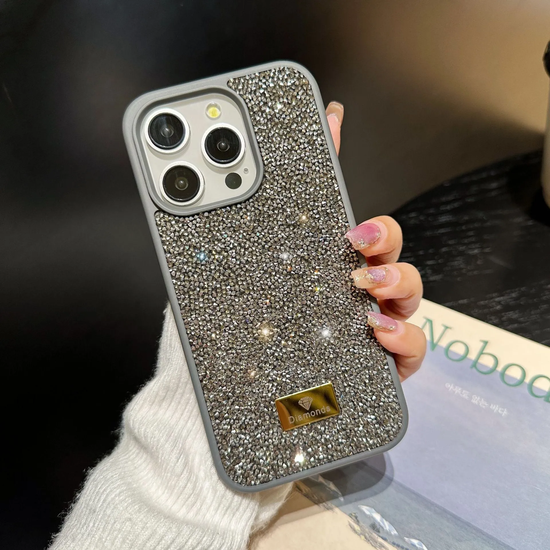 Luxury rhinestone graphene mobile phone shell in black with full diamond covering compatible with iPhone models