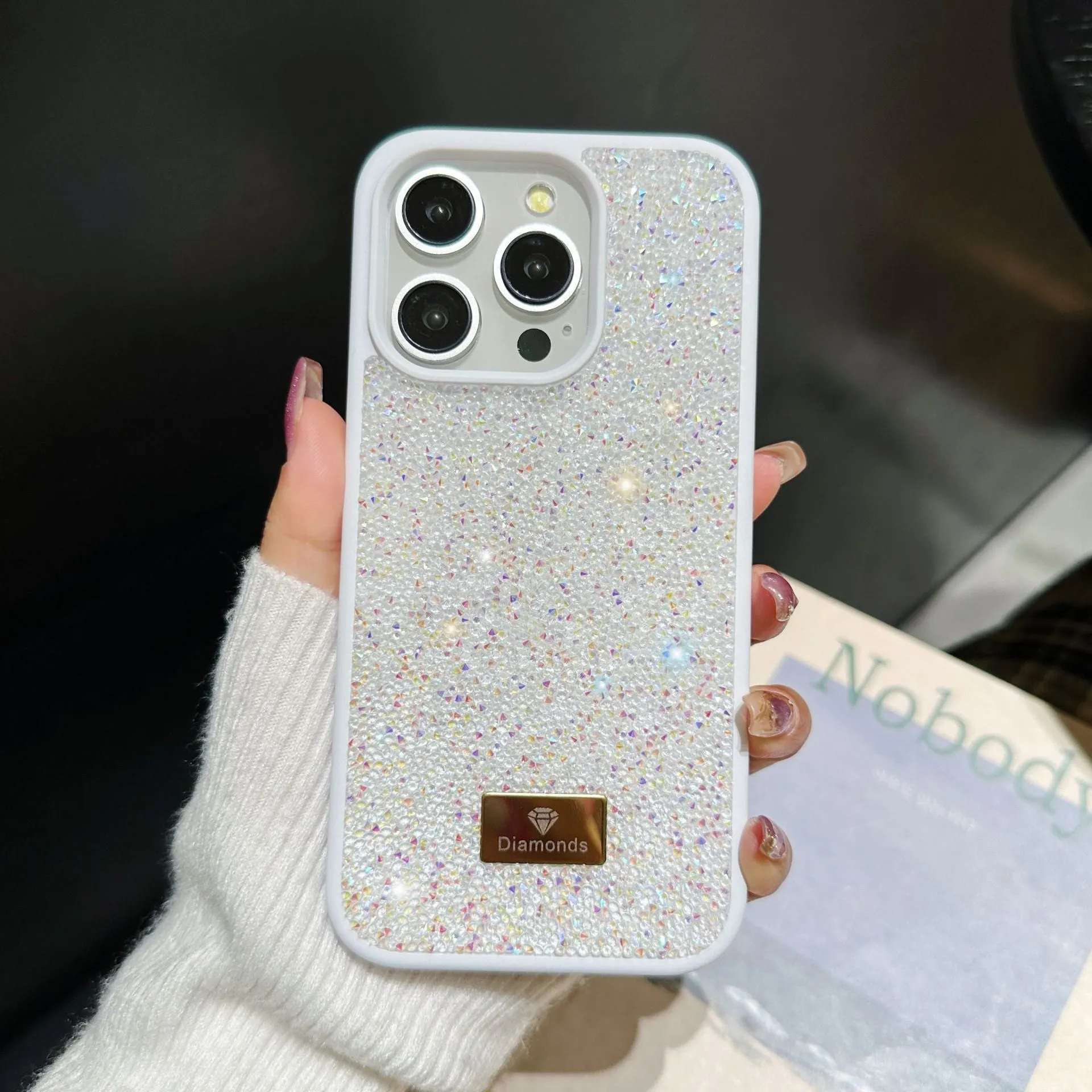 Luxury rhinestone graphene mobile phone shell in black with full diamond covering compatible with iPhone models