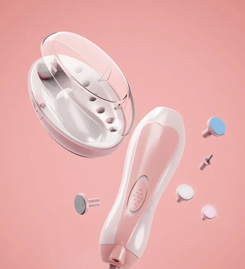 Ultra-quiet electric baby nail polisher pen in pink colour with filing head, for manicuring infant nails.