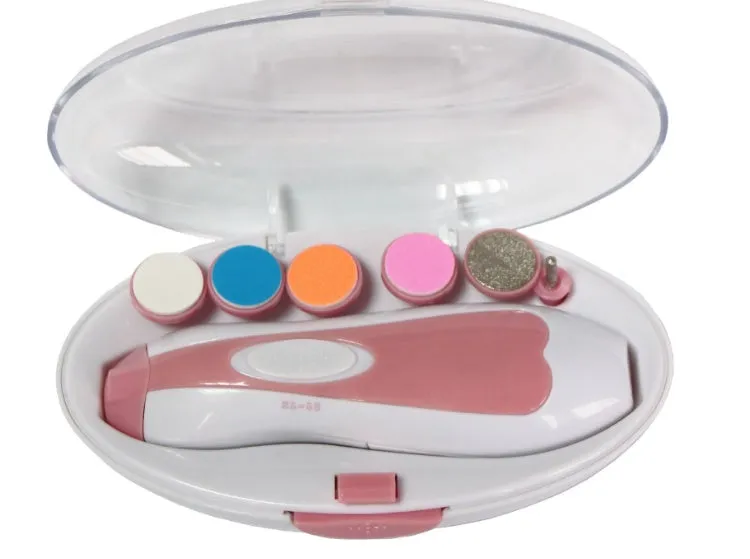 Ultra-quiet electric baby nail polisher pen in pink colour with filing head, for manicuring infant nails.