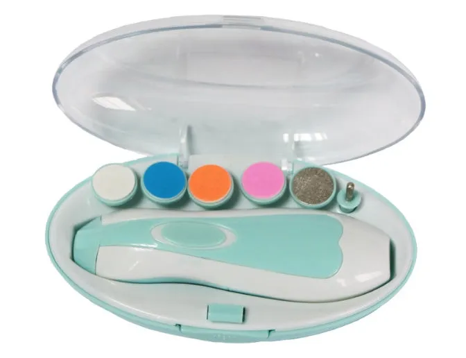 Ultra-quiet electric baby nail polisher pen in pink colour with filing head, for manicuring infant nails.