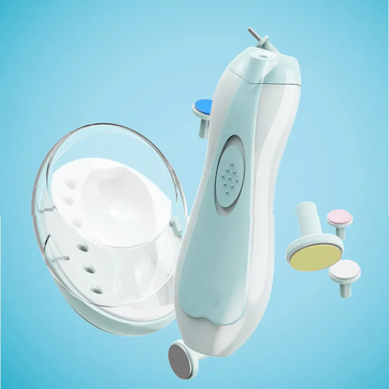 Ultra-quiet electric baby nail polisher pen in pink colour with filing head, for manicuring infant nails.
