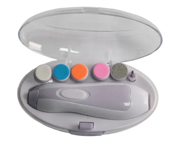 Ultra-quiet electric baby nail polisher pen in pink colour with filing head, for manicuring infant nails.