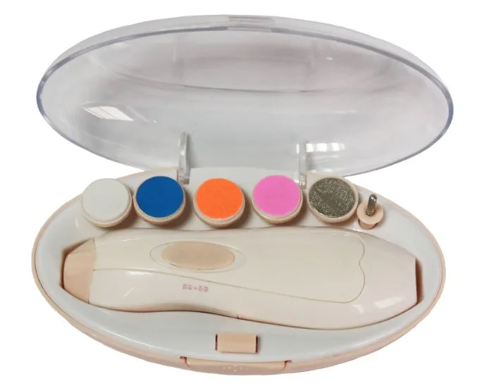 Ultra-quiet electric baby nail polisher pen in pink colour with filing head, for manicuring infant nails.