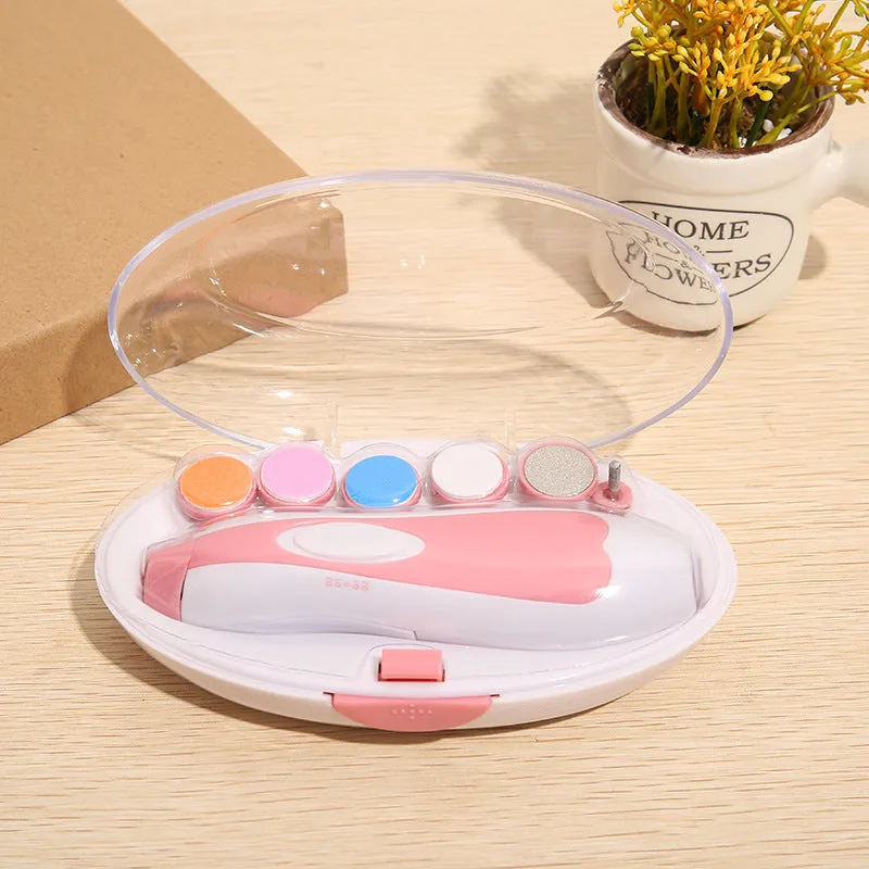 Ultra-quiet electric baby nail polisher pen in pink colour with filing head, for manicuring infant nails.