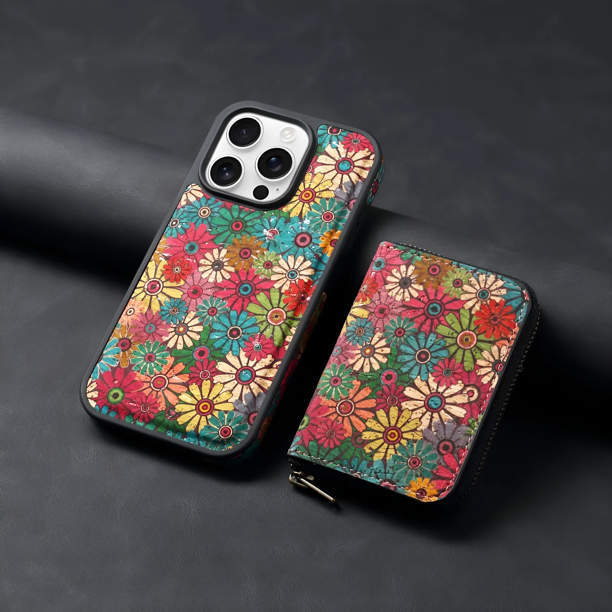 Huanyu cork anti-theft zipper phone case in green with 3D floral rose design for iPhone 17 Pro Max