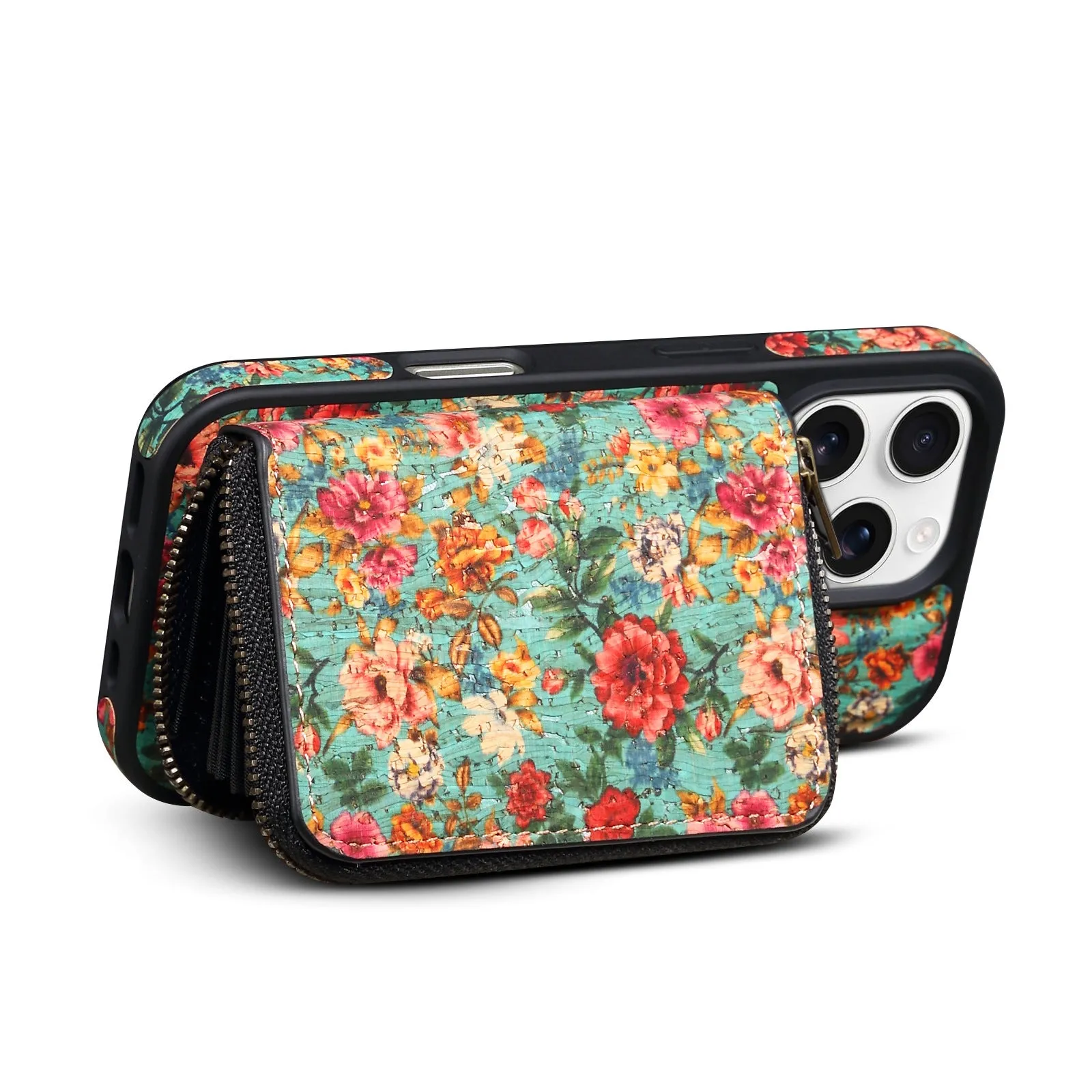 Huanyu cork anti-theft zipper phone case in green with 3D floral rose design for iPhone 17 Pro Max