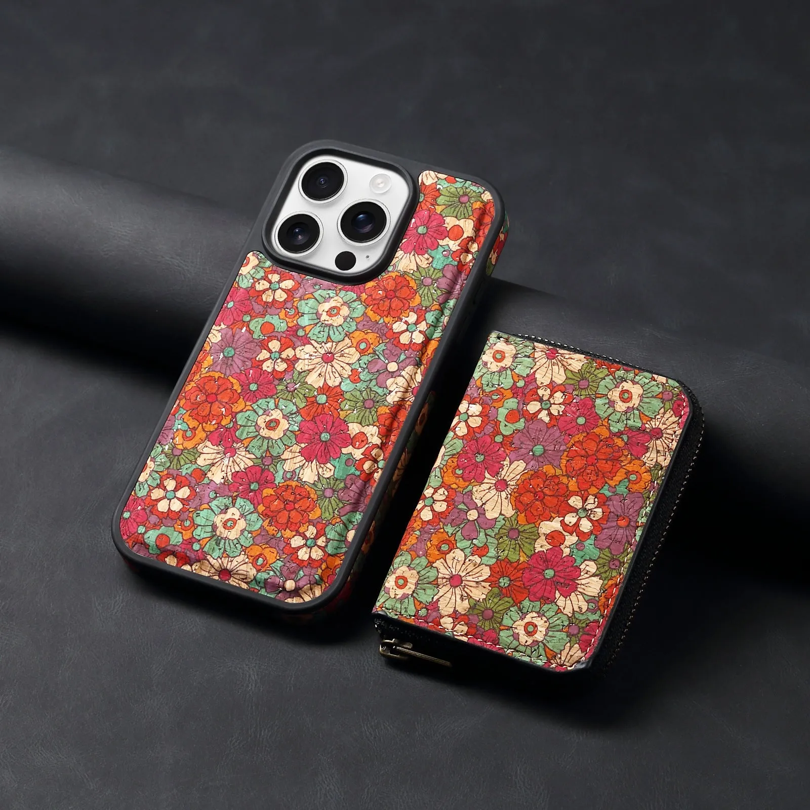Huanyu cork anti-theft zipper phone case in green with 3D floral rose design for iPhone 17 Pro Max