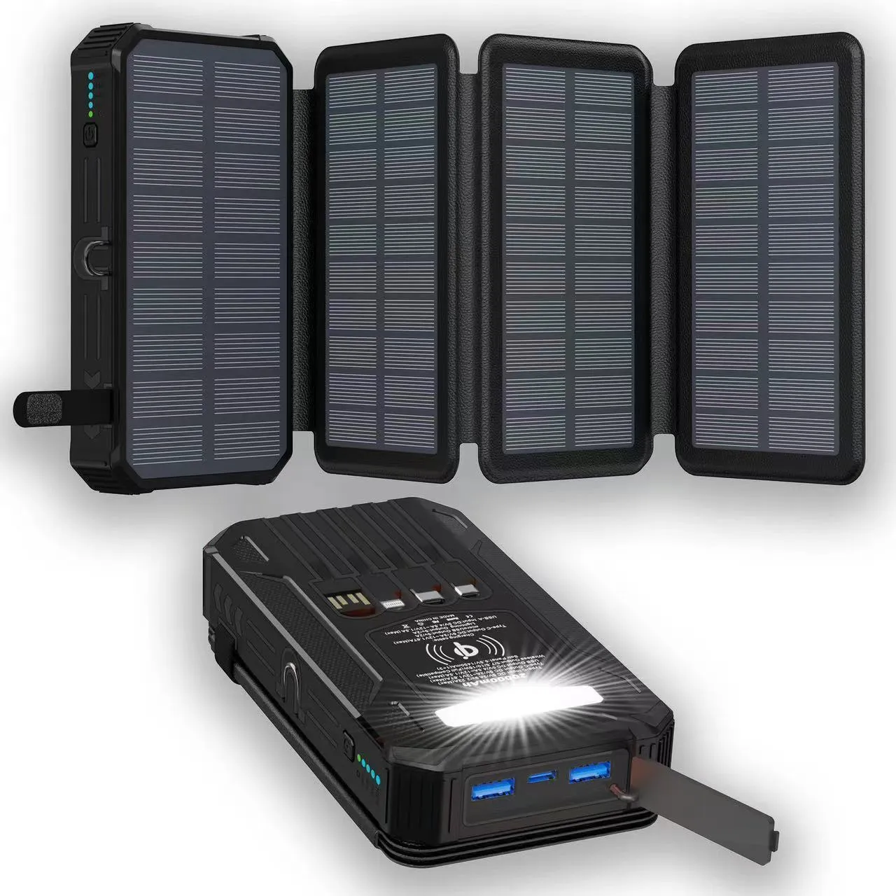 Solar folding power bank 20000mAh with three-fold design in black and blue colour option, plastic shell