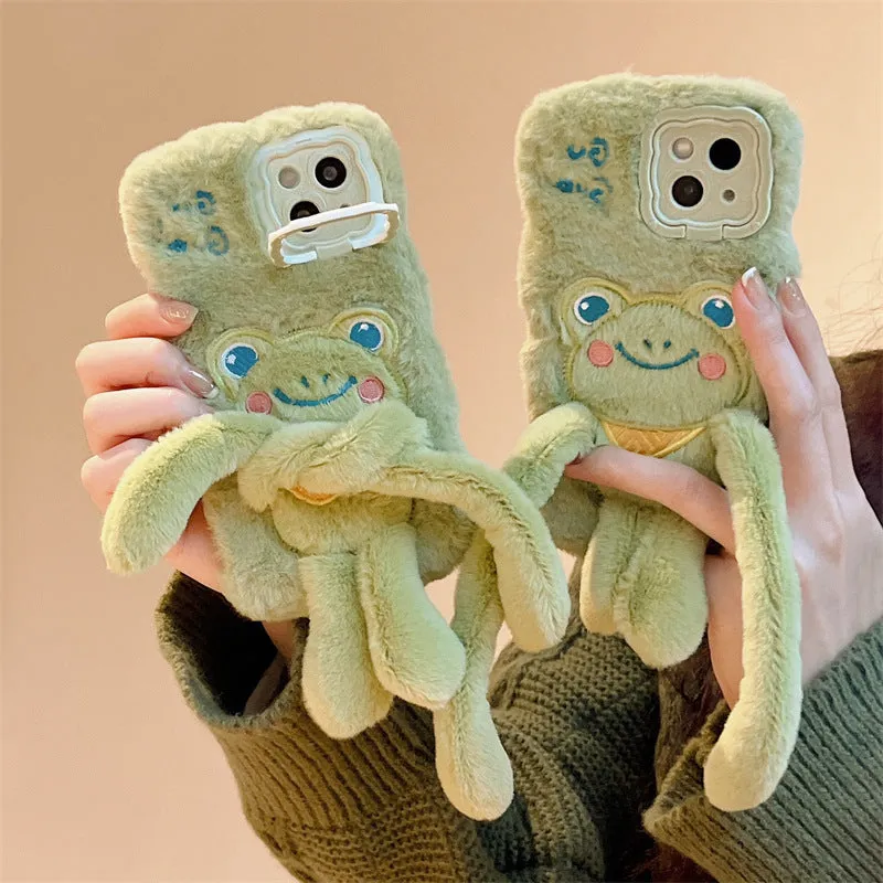 Green cartoon furry frog phone case with pull-out bracket on phone
