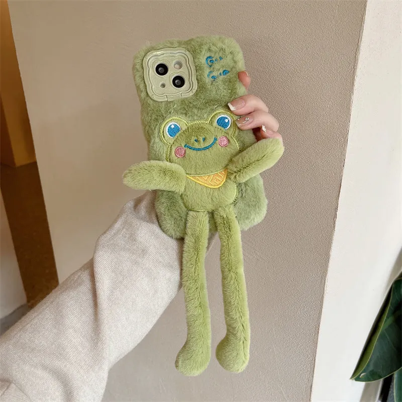 Green cartoon furry frog phone case with pull-out bracket on phone