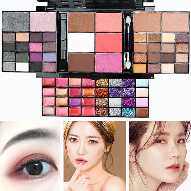 74 colour makeup palette set open to show eyeshadows, lip glosses and brushes in a plastic case with mirror