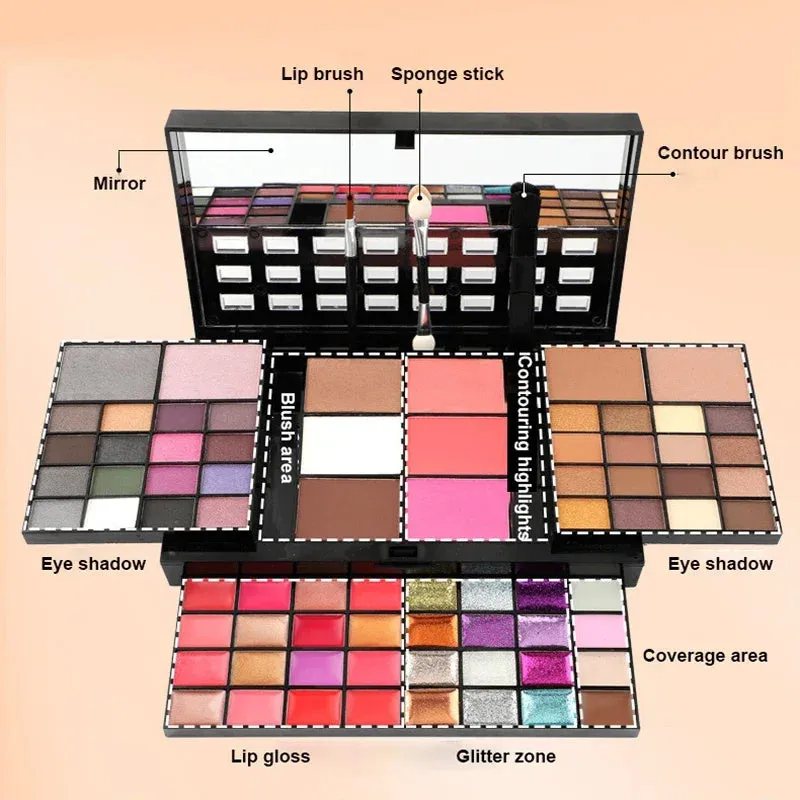 74 colour makeup palette set open to show eyeshadows, lip glosses and brushes in a plastic case with mirror