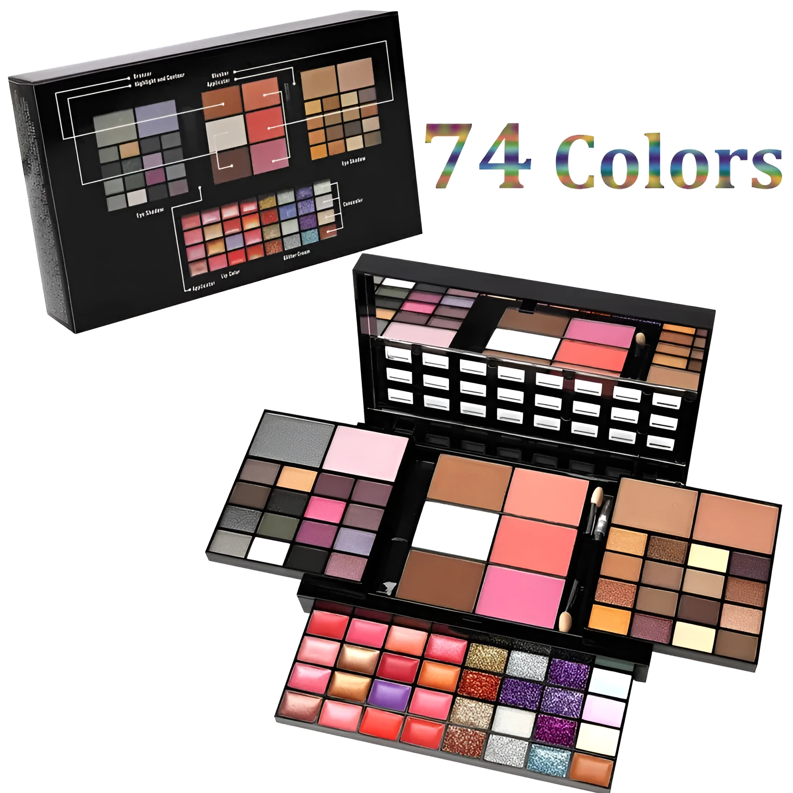74 colour makeup palette set open to show eyeshadows, lip glosses and brushes in a plastic case with mirror