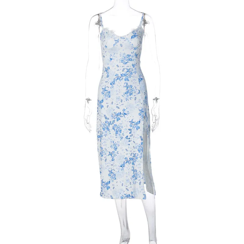 Blue lace flowers print long dress with suspender straps and a high thigh slit.