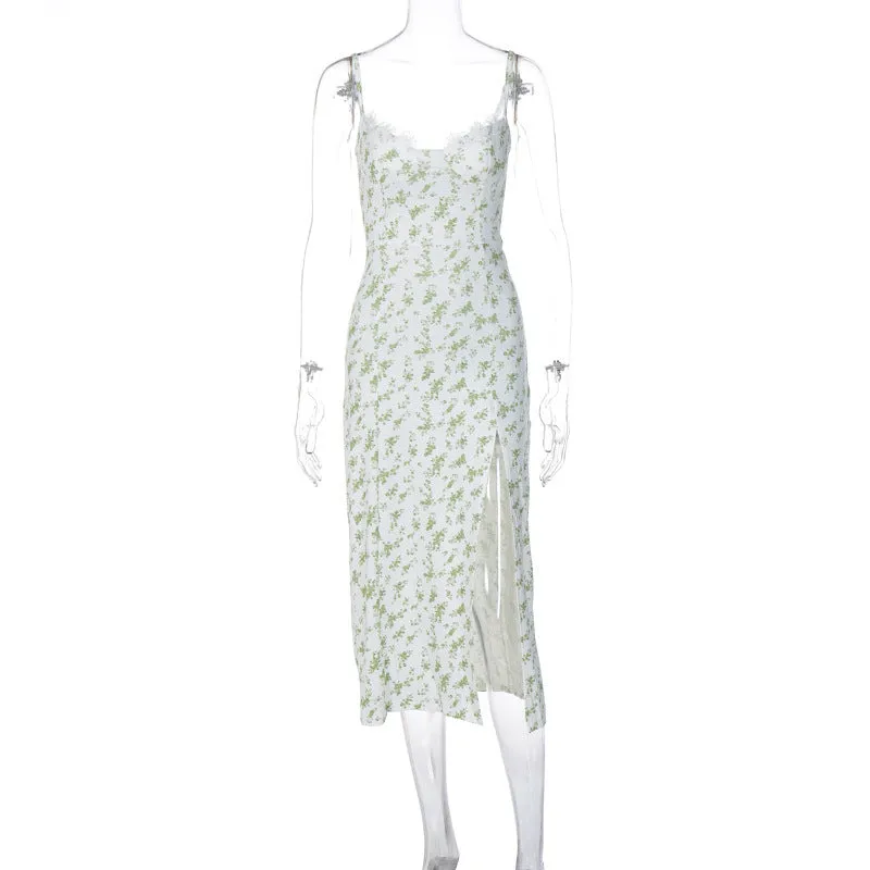 Blue lace flowers print long dress with suspender straps and a high thigh slit.