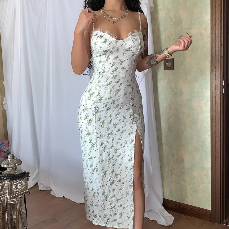 Blue lace flowers print long dress with suspender straps and a high thigh slit.