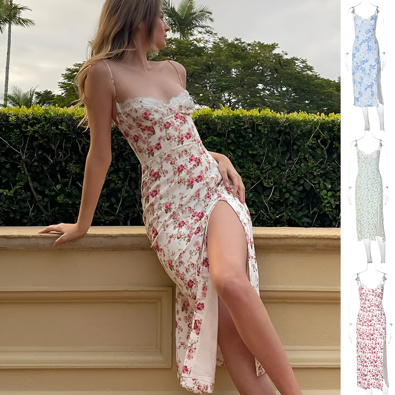 Blue lace flowers print long dress with suspender straps and a high thigh slit.