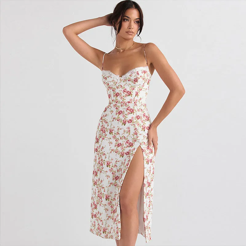 Blue lace flowers print long dress with suspender straps and a high thigh slit.