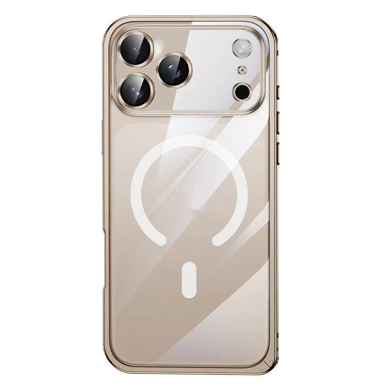 Metal frame phone case for iPhone 17 with magnetic suction and transparent back in Titanium Gray