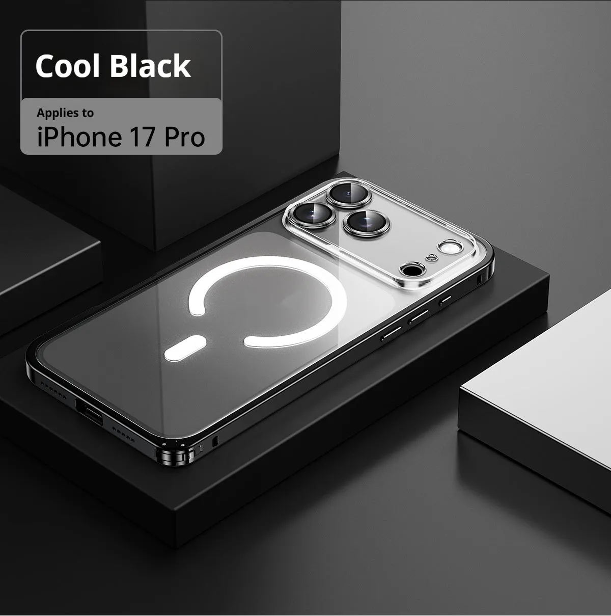 Metal frame phone case for iPhone 17 with magnetic suction and transparent back in Titanium Gray