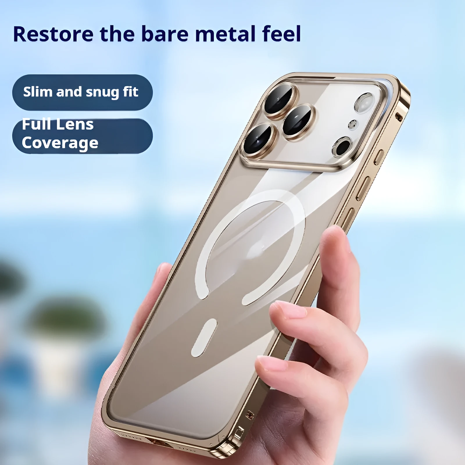 Metal frame phone case for iPhone 17 with magnetic suction and transparent back in Titanium Gray
