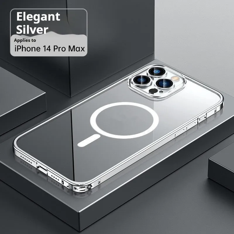 Metal frame phone case for iPhone 17 with magnetic suction and transparent back in Titanium Gray