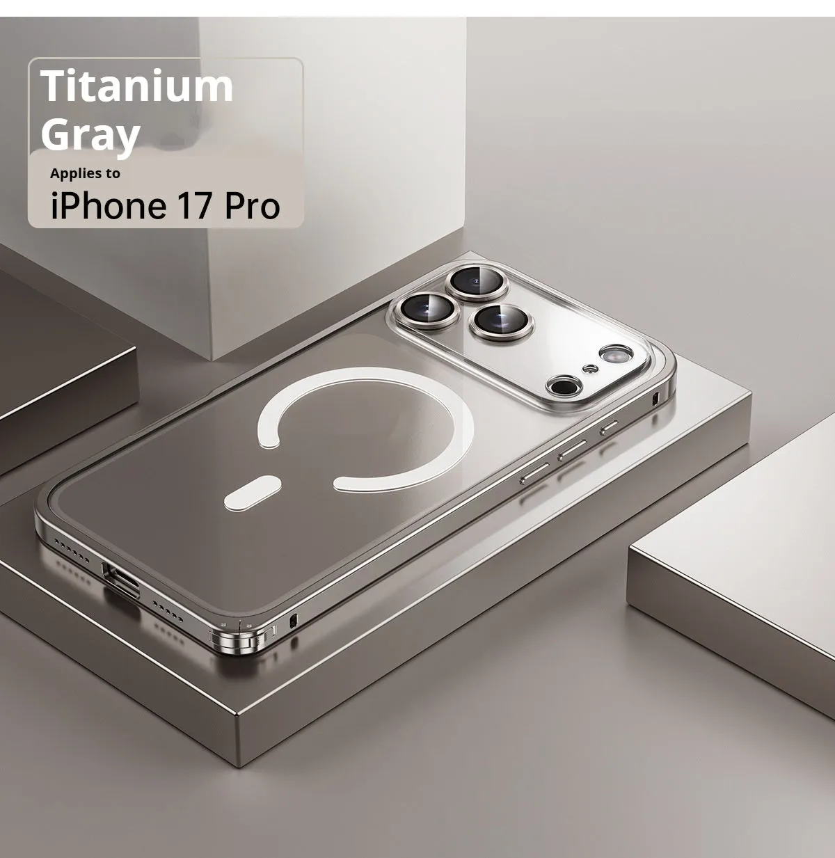 Metal frame phone case for iPhone 17 with magnetic suction and transparent back in Titanium Gray