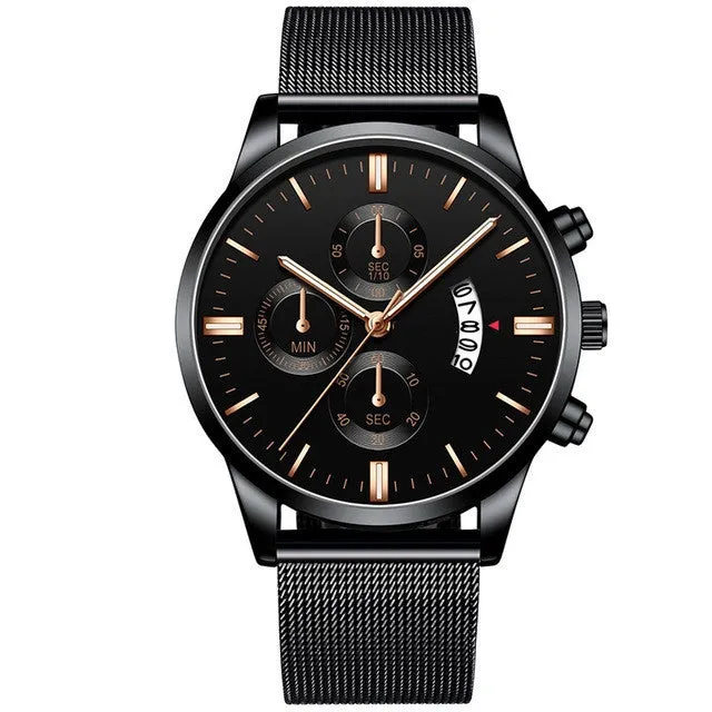 Men's stainless steel quartz watch with a mesh band, showing a two-tone colour option on an analog dial.